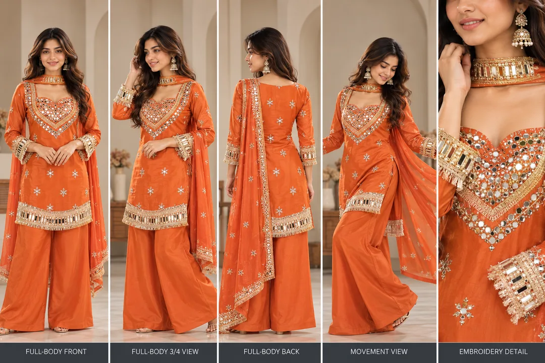 Post #4: Looking for a beautiful ethnic outfit for your wardrobe? 😍 This orange embroidered kurta set features a graceful boat n