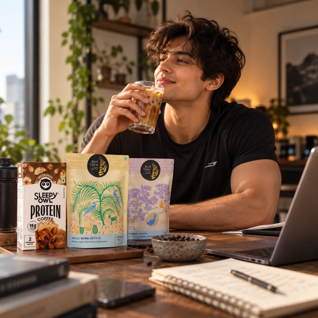 Post: Black coffee 30 mins before the gym = best pre-workout ☕ Cold brew packs & specialty beans from Indian roasters.