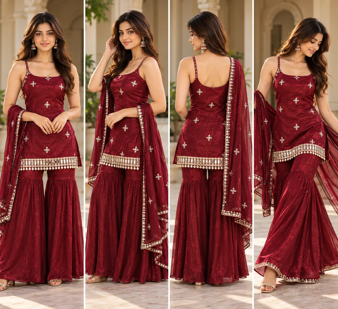 Post #3: ❤️ **A little maroon magic for your next celebration! ✨**
Girls, this maroon sharara set is giving elegant festive vibe