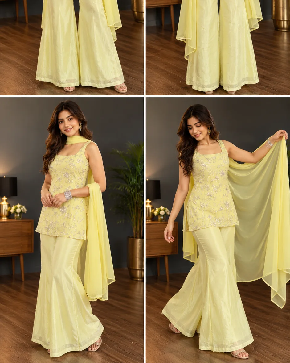 Post #10: This yellow floral embroidered Kurti Sharara Set is giving all the dreamy festive vibes! 💛😍 From the elegant square ne