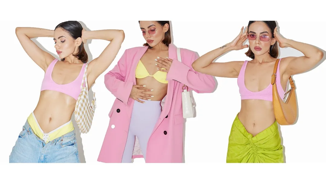 Komal Pandey in three colourful outfits