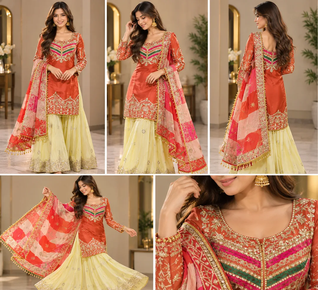 Post #8: The beautiful rust-orange embroidered kurta, contrasting sharara-style bottom and matching dupatta make this look perfec