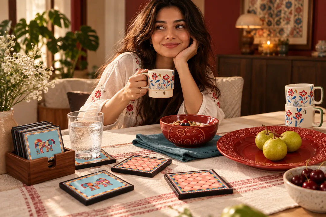 Post #9: Breakfast hits different in these 🥣 Hand-painted mugs, bowls & plates that make the dining table pop. Great Diwali gift