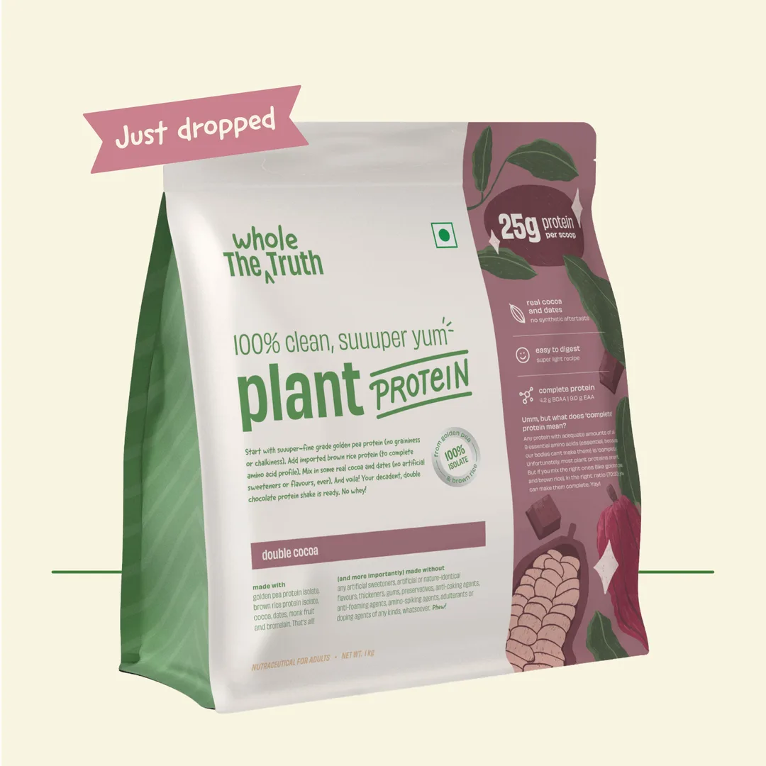 Post: PLANT PROTEIN COMES CLEAN 🌱
25g of plant protein per serving in Double Cocoa, or 24g in Pista Badaam. Same promise as e