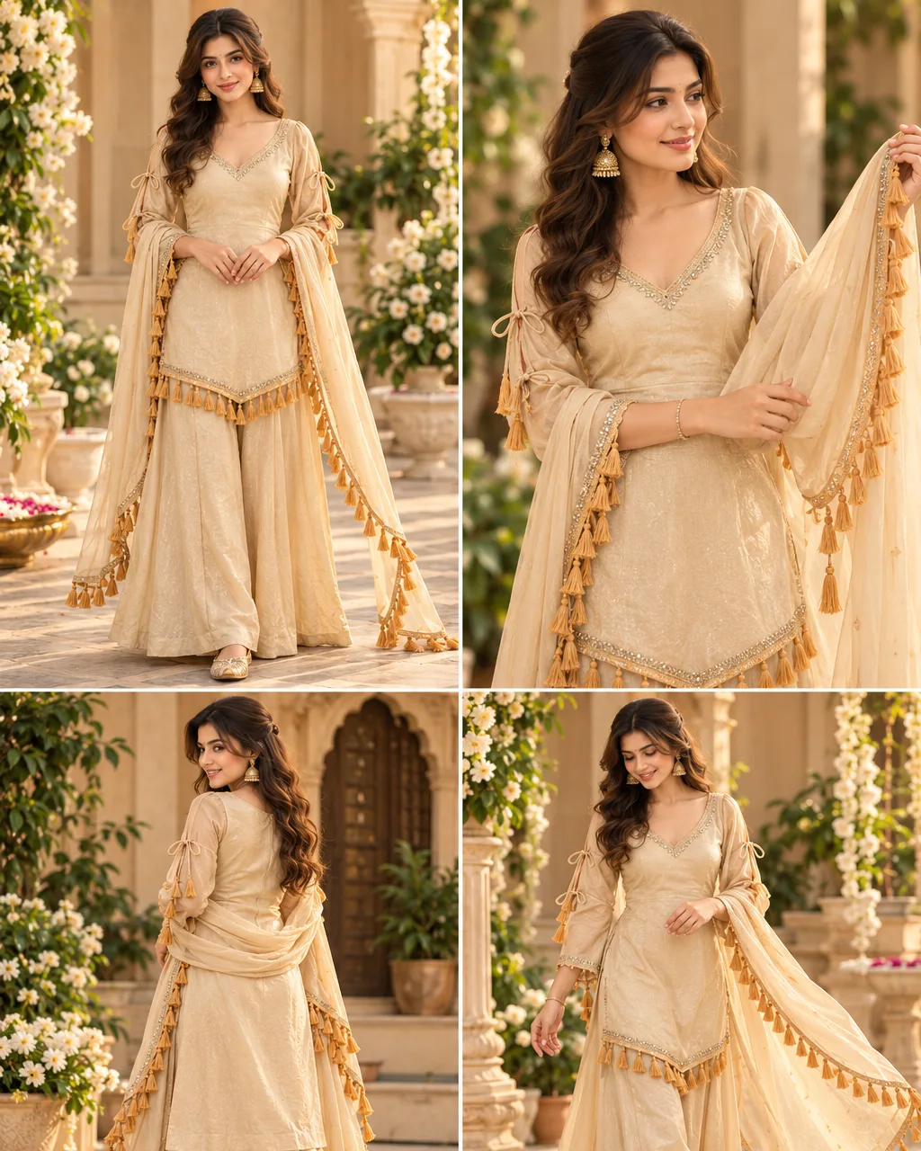 Post #7: This cream ethnic set is giving graceful festive vibes! 😍 The beautiful V-neck kurti, delicate lace detailing, statemen
