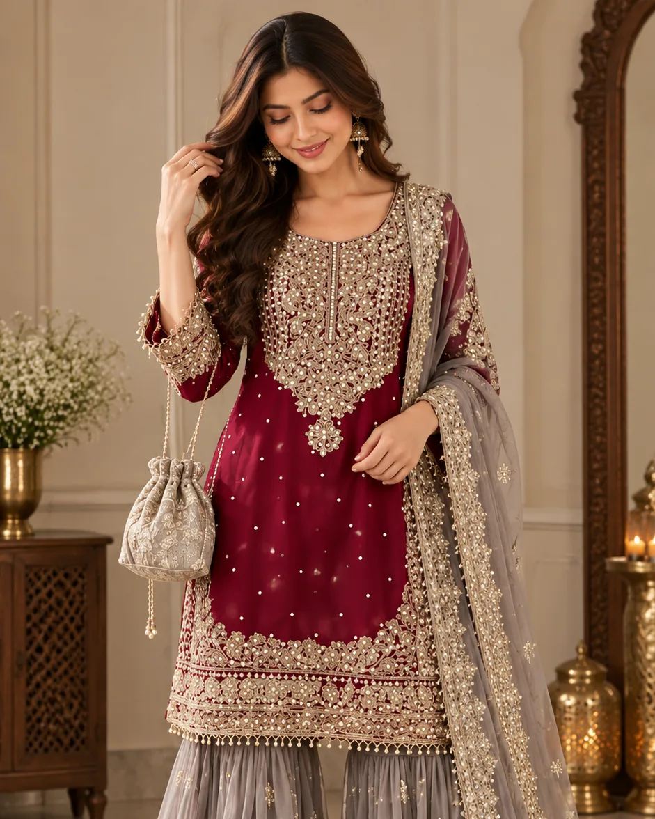 Post #9: Heavy embroidery, beautiful floral detailing aur elegant grey sharara ke saath yeh outfit party, wedding functions, fest